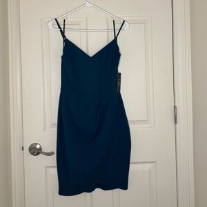 Lulu's Teal V-Neck Satin-Look Mini Dress